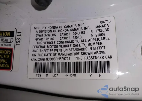 2013 Honda Civic Ex z USA, uszkodzony, nr VIN 2HGFG3B83DH529729